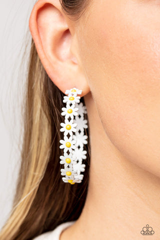 Paparazzi Accessories  - Daisy Disposition - White Flower Hoop Earring