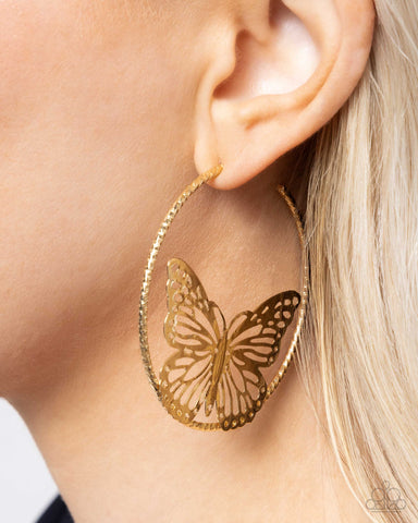 Aerial Alias - Gold Butterfly Hoop - Paparazzi Accessories