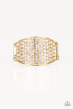 PAPARAZZI "KABOOM!" GOLD BAND ENCRUSTED WITH WHITE RHINESTONE RING