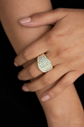 PAPARAZZI "KABOOM!" GOLD BAND ENCRUSTED WITH WHITE RHINESTONE RING